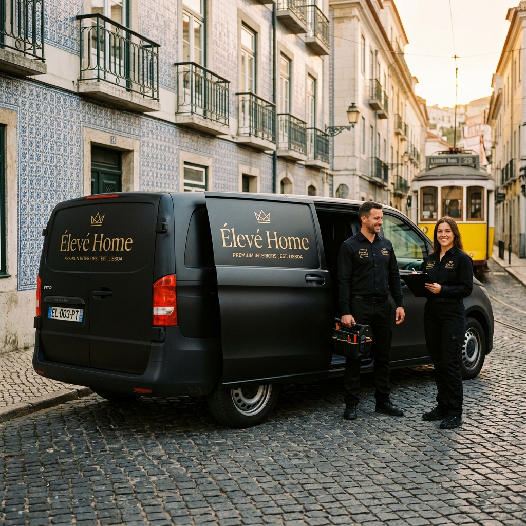 Carrinha preta com logotipo dourado da Élevé Home em Lisboa